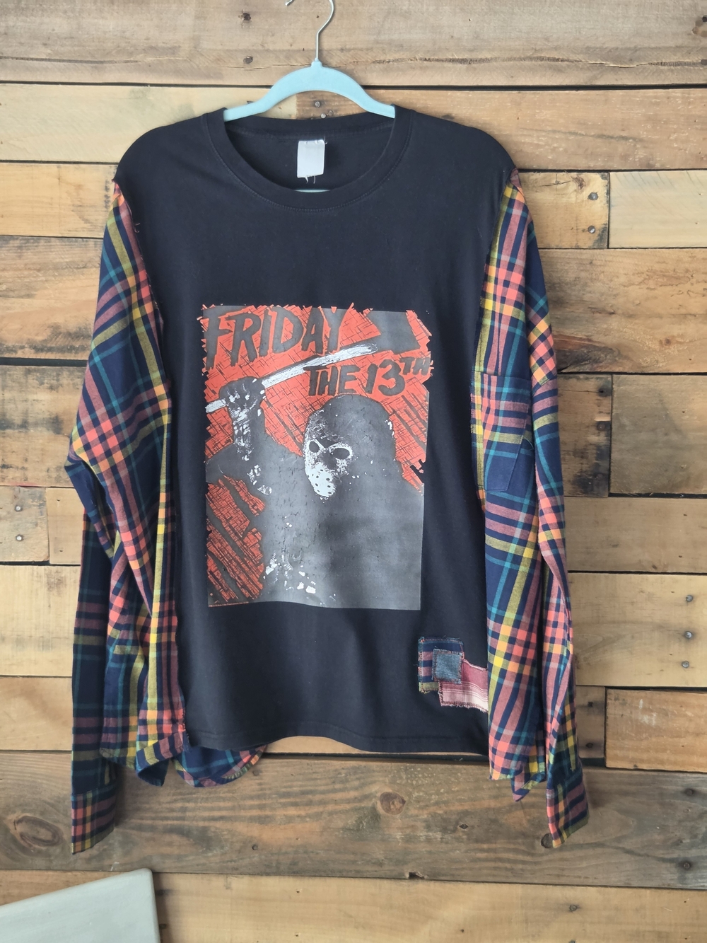 Upcycled Friday the 13th Black Graphic Plaid Sleeve Shirt